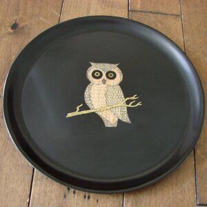 Vintage Couroc 10.5" Owl Black Round Serving Tray Plate Brass Wood Inlay MCM